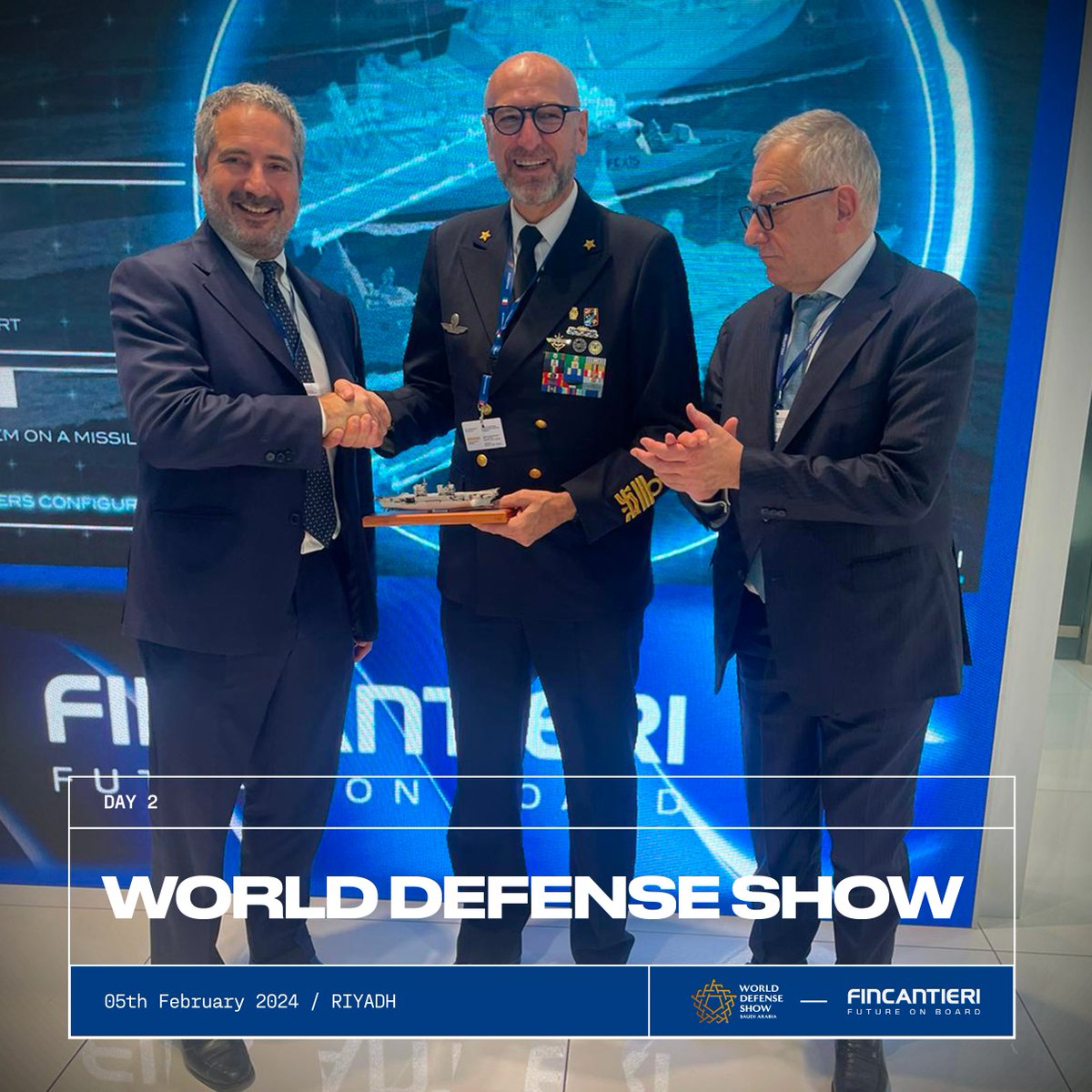 We are glad to be here in Riyadh for the #WorldDefenseShow 2024, a flagship event where we showcase the future of defense through technological developments, in the presence of our CEO Pierroberto #Folgiero, our Chairman Claudio #Graziano and our General Manager of Naval Vessels