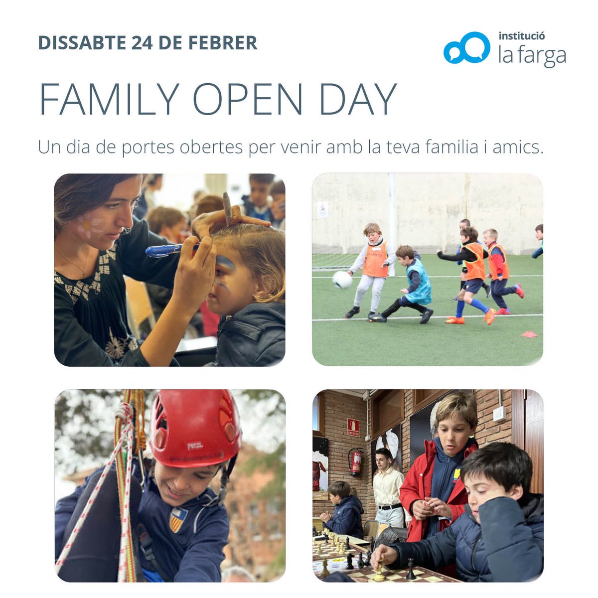 FAMILIY OPEN DAY, DISSABTE 24 de FEBRER de 10:30h a 16:30h a La Farga
🎨 Espais i tallers 0-3 anys
🎯 Multigames i4,i5 i 1r d'EPRI
👨🏻‍🍳 Workshops 2n,3r,4t i 5è d'EPRI
🧪 Science Fair
👩🏻‍🏫 Conferència "Conócete bien para sacar lo mejor de ti mismo" Isabel Rojas
acortar.link/dy5zci