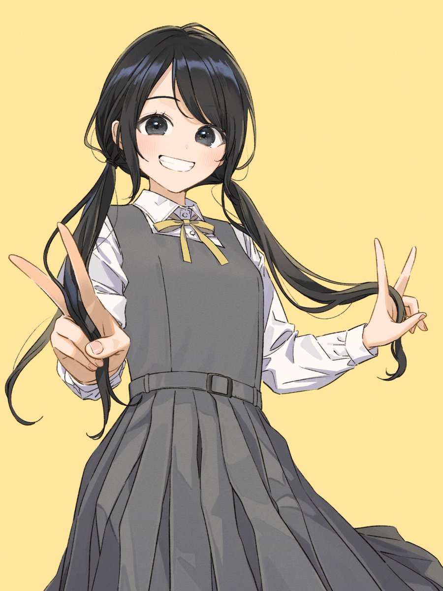 1girl solo black hair twintails smile v pinafore dress  illustration images