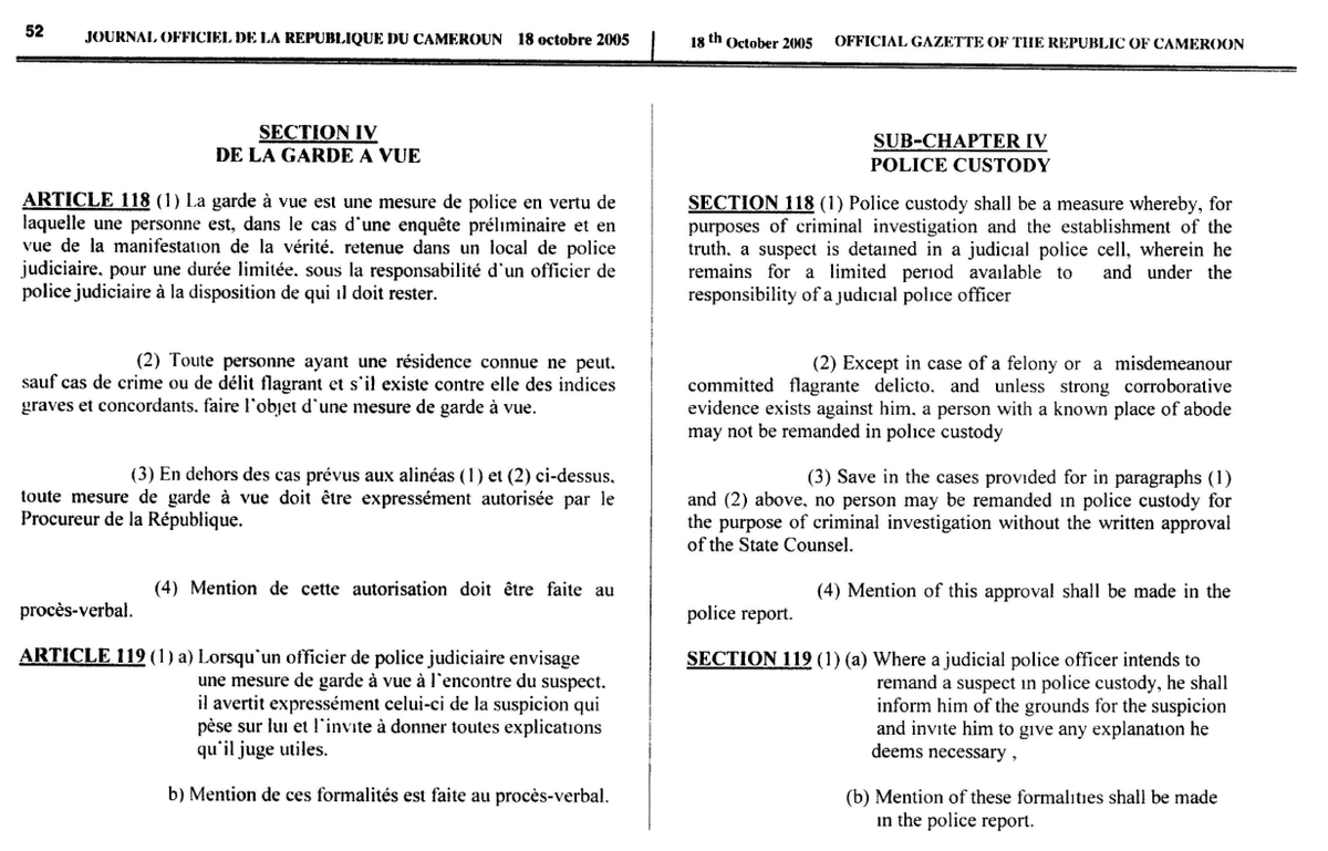 jtchoufang's tweet photo. @Achille_Assako @AnniePayep @Kanaroger1 Certes.
Pour la garde à vue, c'est 48h, renouvelable 1 fois, voire une 2 fois, à titre exceptionnel et toujours avec justifications (Art. 119 (2) du CPP). Cela fait 6 jours au maximum, pour la #GAV. Après, il y a libération ou déferrement! https://t.co/lQArIigwam