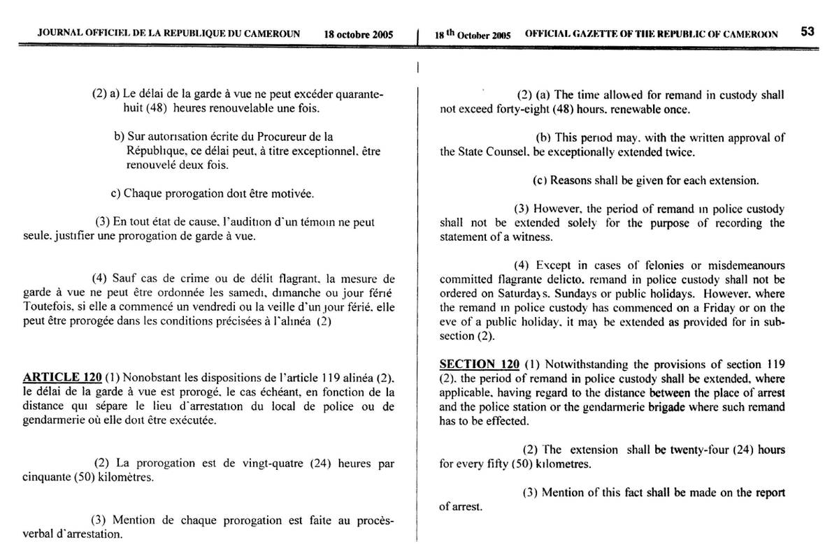 jtchoufang's tweet photo. @Achille_Assako @AnniePayep @Kanaroger1 Certes.
Pour la garde à vue, c'est 48h, renouvelable 1 fois, voire une 2 fois, à titre exceptionnel et toujours avec justifications (Art. 119 (2) du CPP). Cela fait 6 jours au maximum, pour la #GAV. Après, il y a libération ou déferrement! https://t.co/lQArIigwam