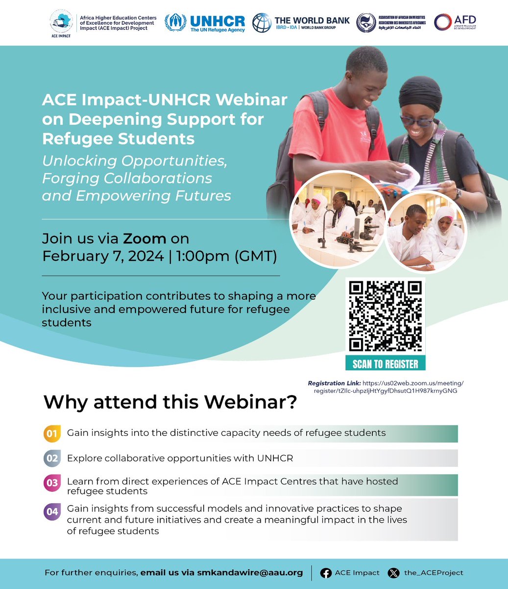 ACE Centers, join the upcoming webinar on Wednesday, Feb 7, 2024, at 1:00 p.m. (GMT) to explore collaborative #opportunities with #UNHCR in supporting #refugee #students at center level. Scan QR code to register. #RefugeeEducation #ACEImpact #ACECentres