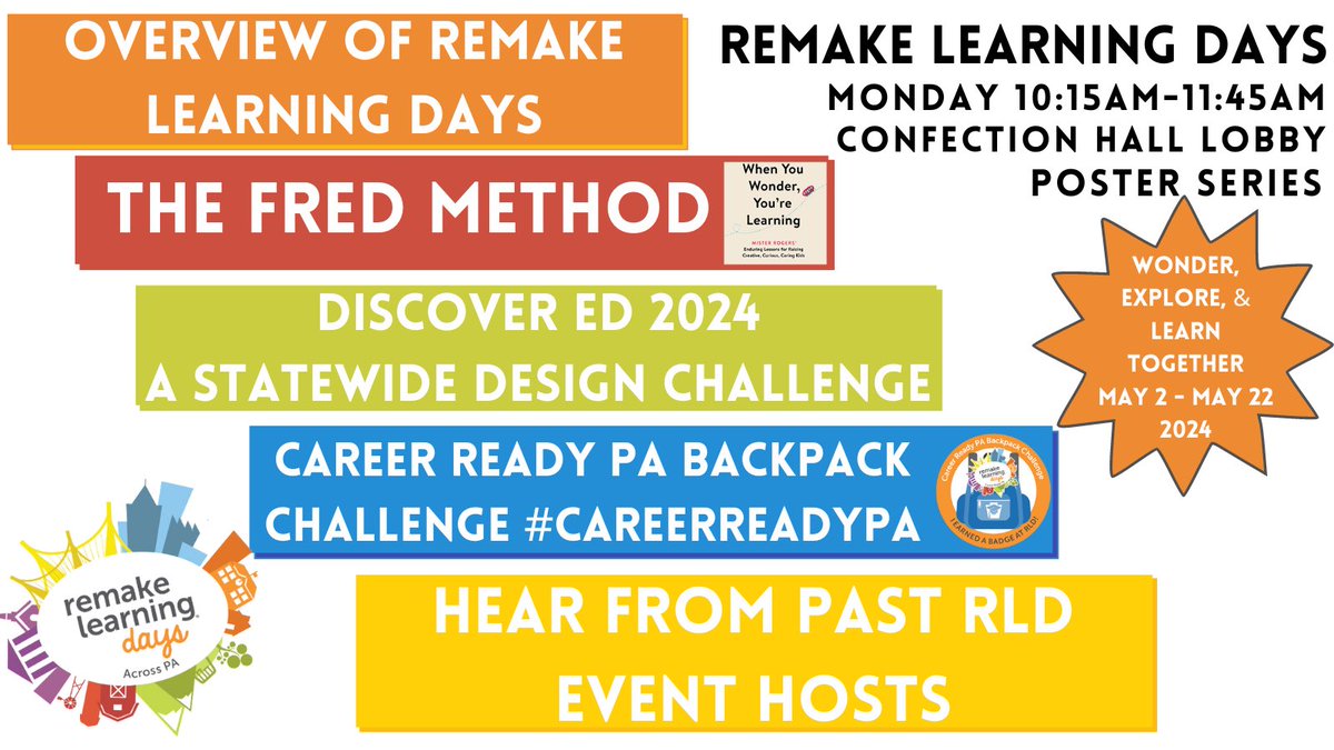 Hey #PETEandC — Be sure to add #RemakeDays poster series to your morning line-up! We’ll be in Confection Hall Lobby @ the Lodge on Monday morning 10:15-11:45AM sharing how you can get involved in Remake Learning Days, happening ALL across PA in May 2024!