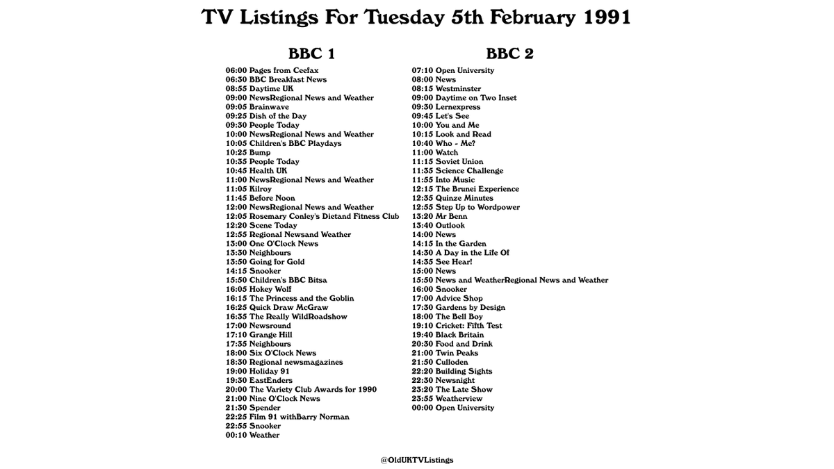 TV Listings For Tuesday 5th February 1991