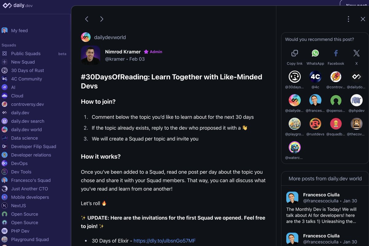 dailydotdev's tweet photo. Would you like to improve in some languages ββor technologies but are struggling to maintain accountability?
The best way is with a challenge.
We've created some special squads you can join to share something on the topic for 30 consecutive days.
Link below. #30DaysOfReading https://t.co/JWdZWM4zCg