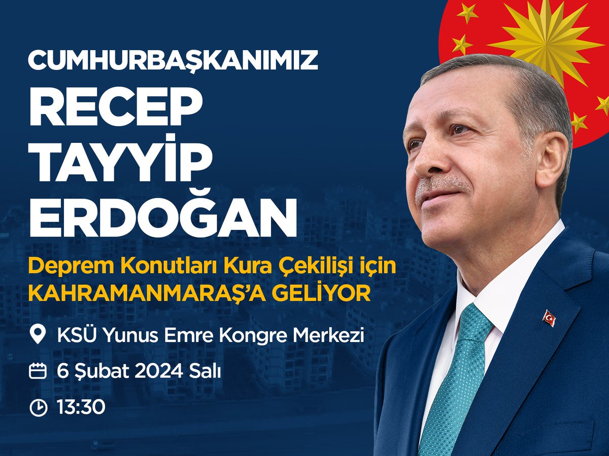 EfsusHaber's tweet photo. Cumhurbaşkanımız Sayın Recep Tayyip Erdoğan’ın teşrifleriyle gerçekleşecek olan Deprem Konutları Kura Çekimi ve Anahtar Teslim Töreni’ne tüm halkımız davetlidir.

🗓️ 6 Şubat Salı
🕤 14:00
📍 Yunus Emre Kongre Merkezi (KSÜ) https://t.co/HXXru5hrgn