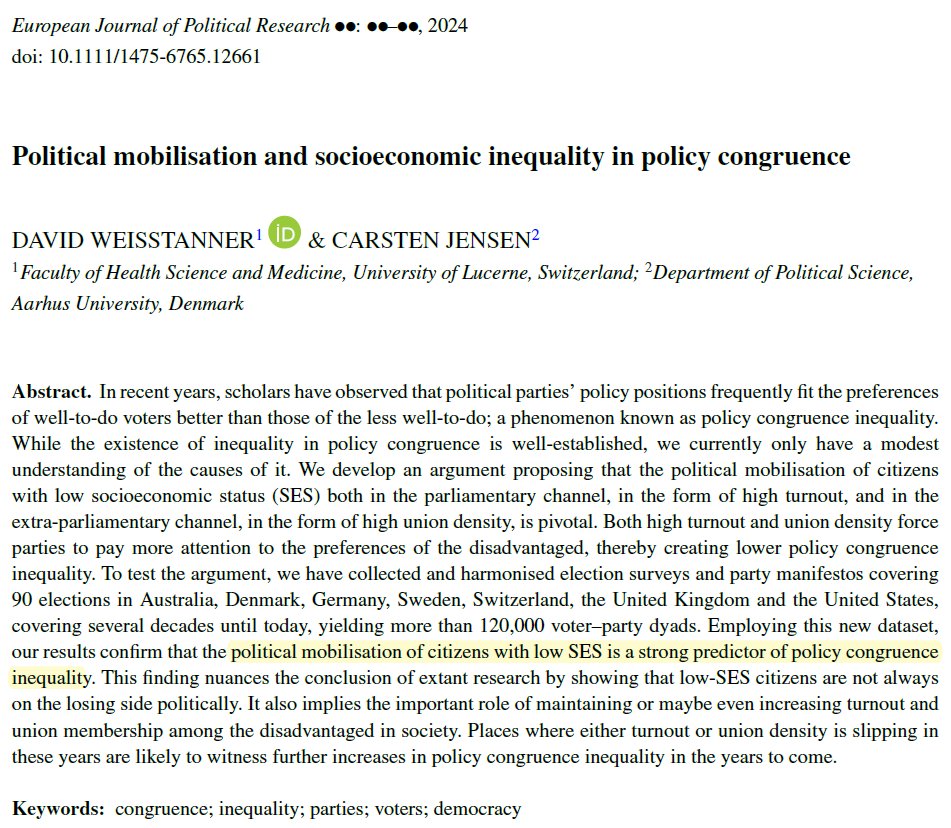 New article in @EJPRjournal with @Carsten80554073. We use election surveys going back to the 1960s to show that inequality in policy congruence varies depending on the political mobilization of less affluent voters (through unions & turnout). doi.org/10.1111/1475-6… 🧵... 1/