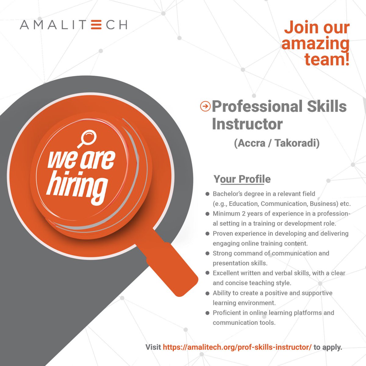 Join Our Global Team! We're hiring a Professional Skills Instructor to be part of our dynamic team in Ghana (Takoradi and Accra). 
 Visit amalitech.org/prof-skills-in… to apply now, and let's shape the future of tech together.          #WorkwithAmaliTech  #JobsinGhana