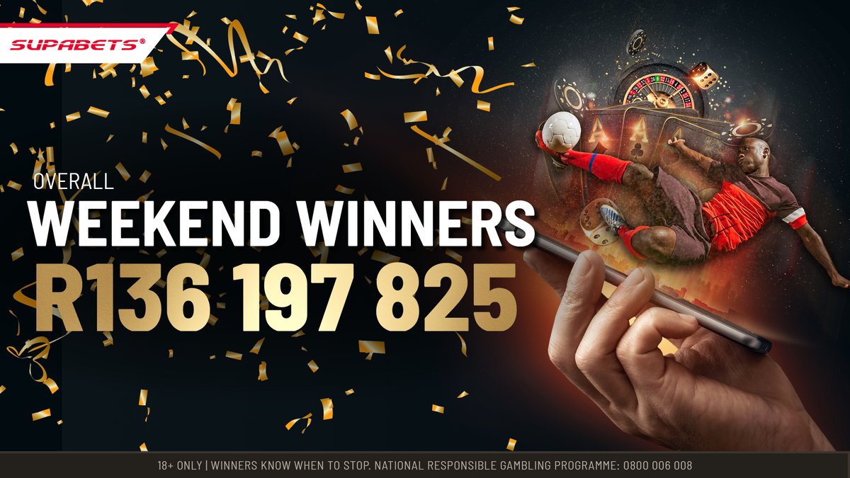 Supabets_mzansi's tweet photo. Hey #Supacrew! How does it feel to be a #SUPAWINNER? 🏆🥇Congratulations to our WEEKEND WINNERS!!!

Make sure to bet on #sports, play on #PlayVegas, and #Supanumbers, and you might be our next BIG WINNER!

JOIN NOW: https://t.co/iYQnQlWIYT

#Supabets #Betting #Sportsbetting https://t.co/EwORdWijbJ