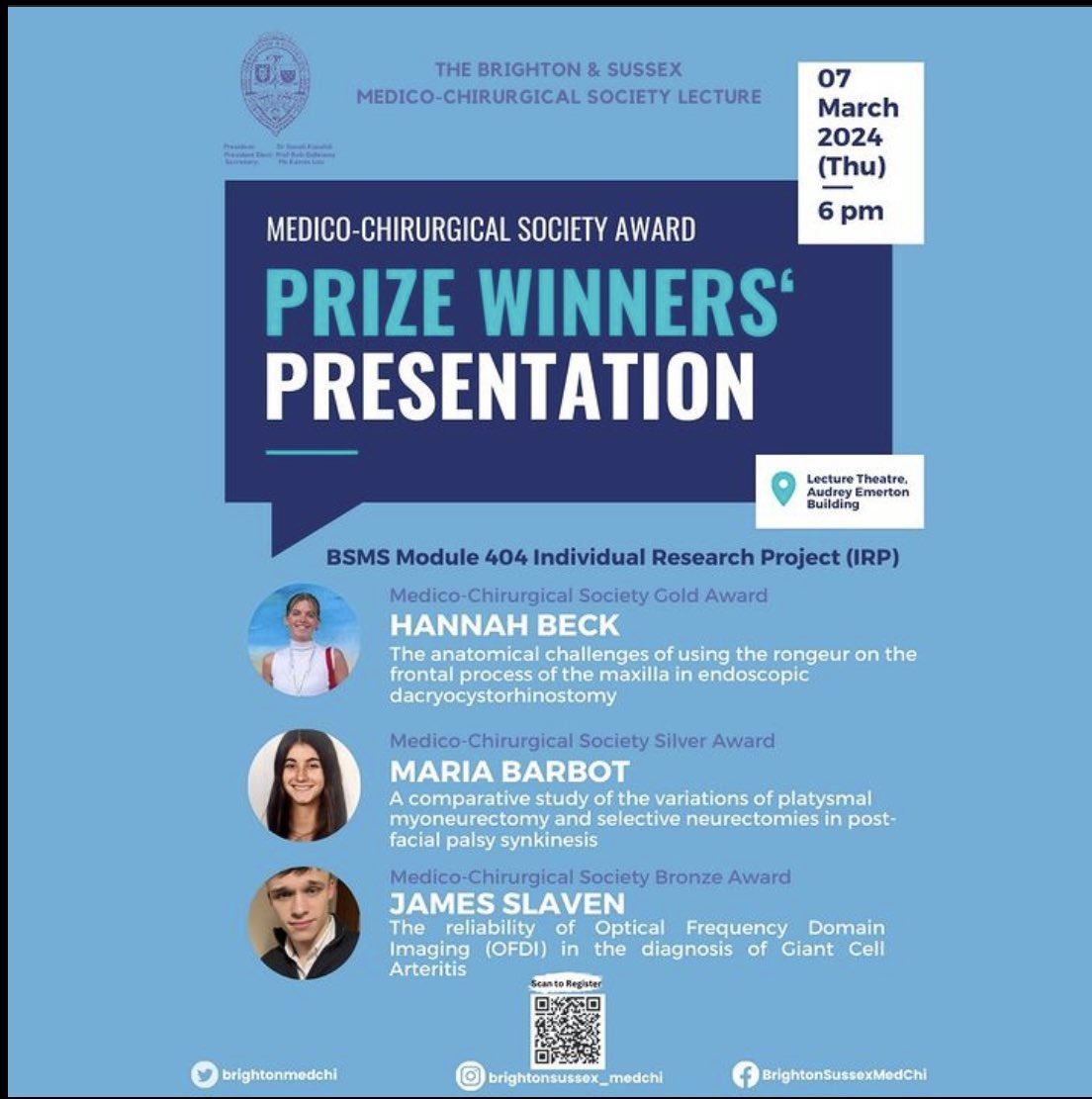 Join us for three inspirational lectures from three award winning BSMS Students.  
Thursday 7th March at 6pm, 
Lecture Theatre, Audrey Emerton Building, 
Royal Sussex County Hospital, Brighton BN2 5BE. 
Remember ….. 6pm start!