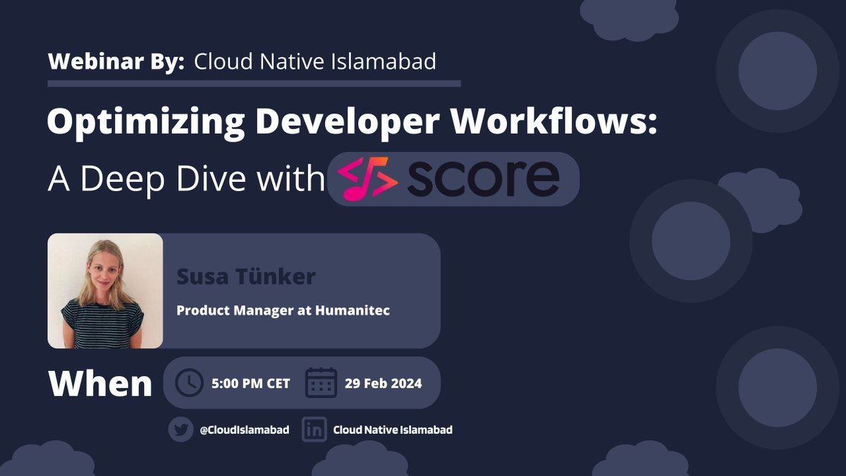 CloudIslamabad's tweet photo. Let's explore the concept of workload specifications within your dev workflow using @score_dev allows devs to describe their workloads &amp; dependencies as code once and run them across all environments

Speaker: @_sujaya 

Reg: https://t.co/S6INZ0C41L https://t.co/mwyPoXdHMR
