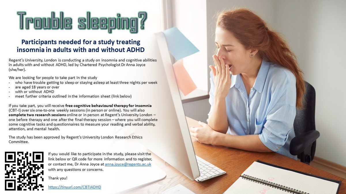 DrAnnaJoyce's tweet image. I&apos;m looking for adults with #insomnia, with or without #ADHD for an online study. Free 1-to-1 therapy for insomnia to see effects on mental health and cognition.
More info and sign up tinyurl.com/CBTIADHD
Working with Dr @chrisrobus at @regentsuni  and Dr @_LizHalstead at @ucl