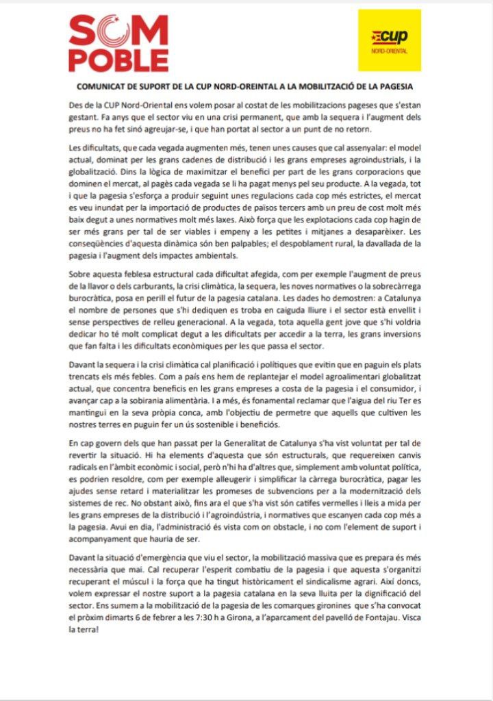 Des de la Cup Nord-Oriental i Som Poble donem suport a les  mobilitzacions de la pagesia d'arreu del país.  
Per això i molt més, ens sumem a la mobilització de demà dimarts 6 de  febrer al pavelló de Fontajau de Girona. Visca la terra!