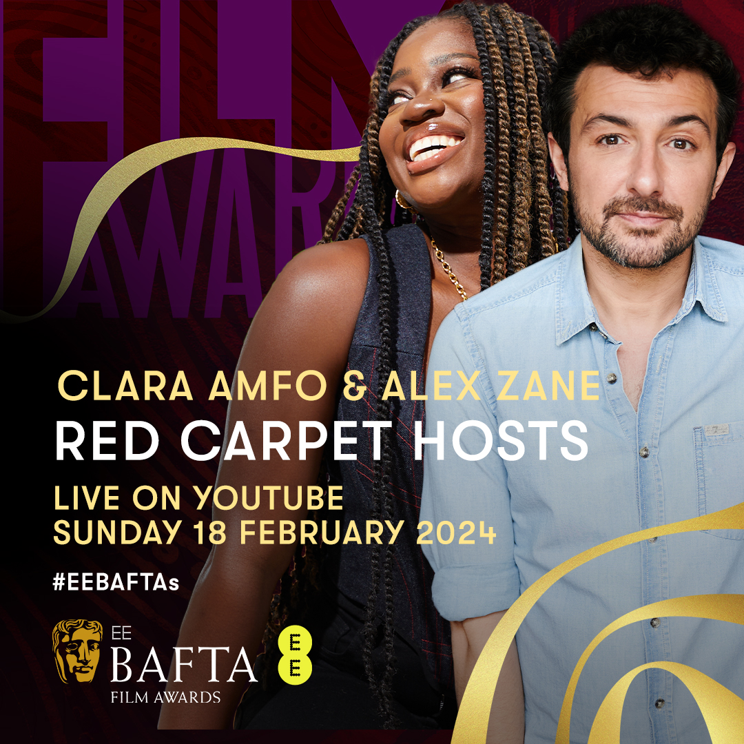 BAFTA's tweet photo. 🥁Your red carpet hosts for the EE BAFTA Film Awards 2024 are the amazing Clara Amfo and @alex_zane! 
 
Catch Clara and Alex in action LIVE from the red carpet on our YouTube, X and Facebook channels on Sunday 18 February for exclusive access to all the stars #EEBAFTAs https://t.co/QOwvHo6Ynq