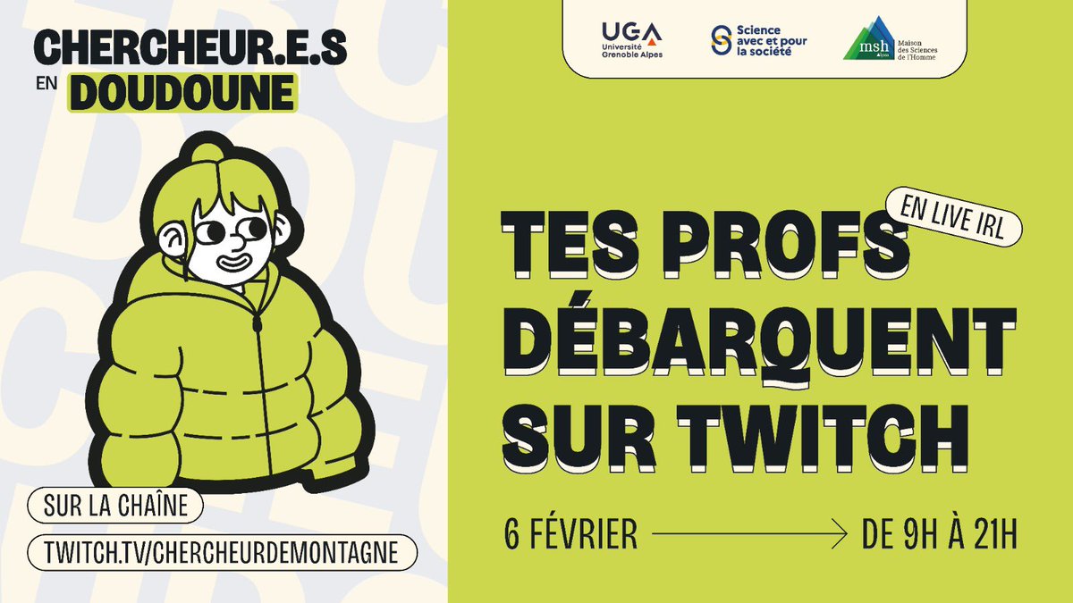 Ils font quoi les profs d’#université quand ils sont pas en cours ? 🤔

Demain on vous embarque #IRL pour une journée dans les coulisses de la fac 😱

🗓️ C’est mardi 6 février de 9h à 21h par ici : twitch.tv/chercheurdemon…

PS : #twitch c’est comme #YouTube tu clic et tu regardes