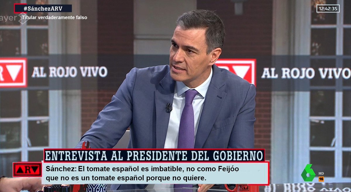 🔴 Pedro Sánchez asegura que el tomate español es imbatible, no como el perdedor de Feijóo que no es un tomate porque no quiere #SánchezARV

#titularverdaderamentefalso
