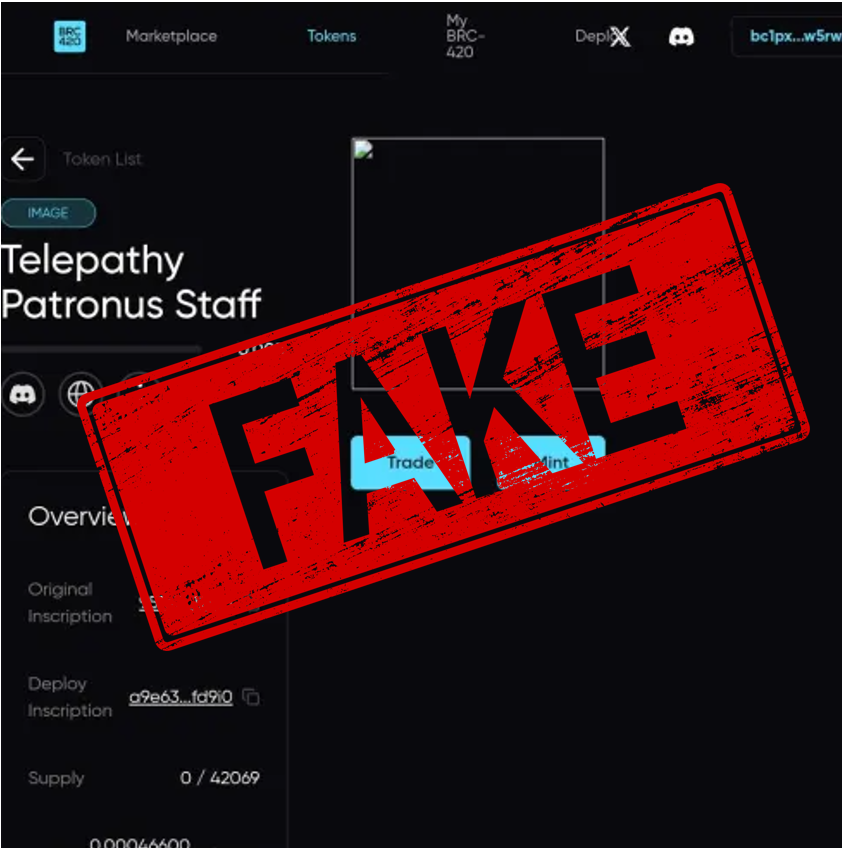 telepathy_so's tweet photo. ‼️ Beware of any scams! We are still 40 min away from the start of launch, and we have not deployed Patronus Staff on BRC-420 yet.
Any listing you see now is fake!
#TEL3 https://t.co/1lobO4tAMk