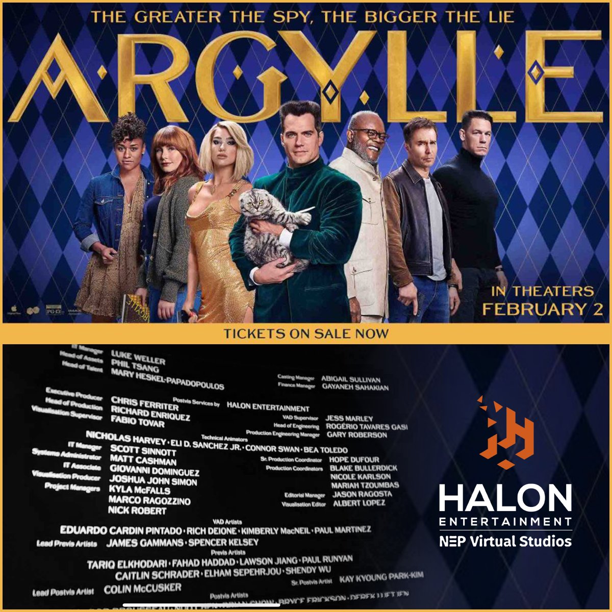 JasonRagosta's tweet photo. Excited to find out that our @halonprevis visualization team got screen credits on #matthewvaughn ‘s #argylle 🔥❤️🔥🤘🏻 Congrats to the to our amazing artists and the whole team! #halonentertainment #visualization https://t.co/yEfvs5bcIv