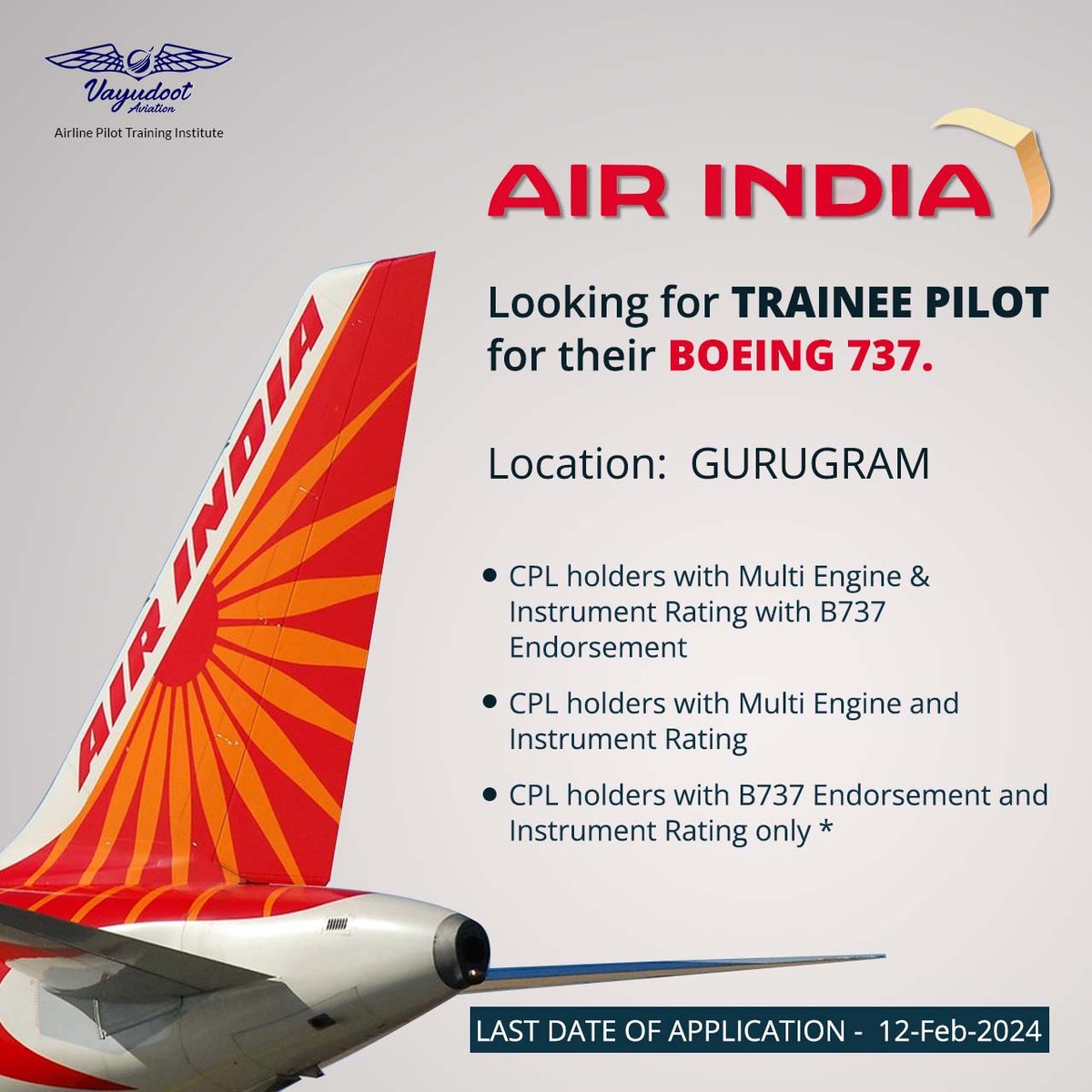 Take the captain's seat with Air India!  Join Air India as a Trainee Pilot for the Boeing 737 at Gurugram and make your aviation dreams a reality.📈✈

#vayudootaviation #pilottraining #pilotcareers #Flyhigh #avgeek #pilotlife #aviation #cpl #dcga.