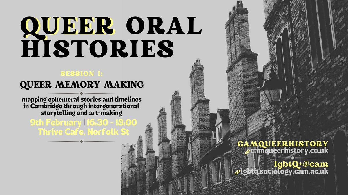 Our next event is the first session of QUEER ORAL HISTORIES with @CamQueerHistory on the 9th Feb 4.30pm at Thrive cafe. Join us for an afternoon of storytelling and art as we explore ways to save queer stories and timelines too easily lost 👁️ book here! fixr.co/event/queer-me…