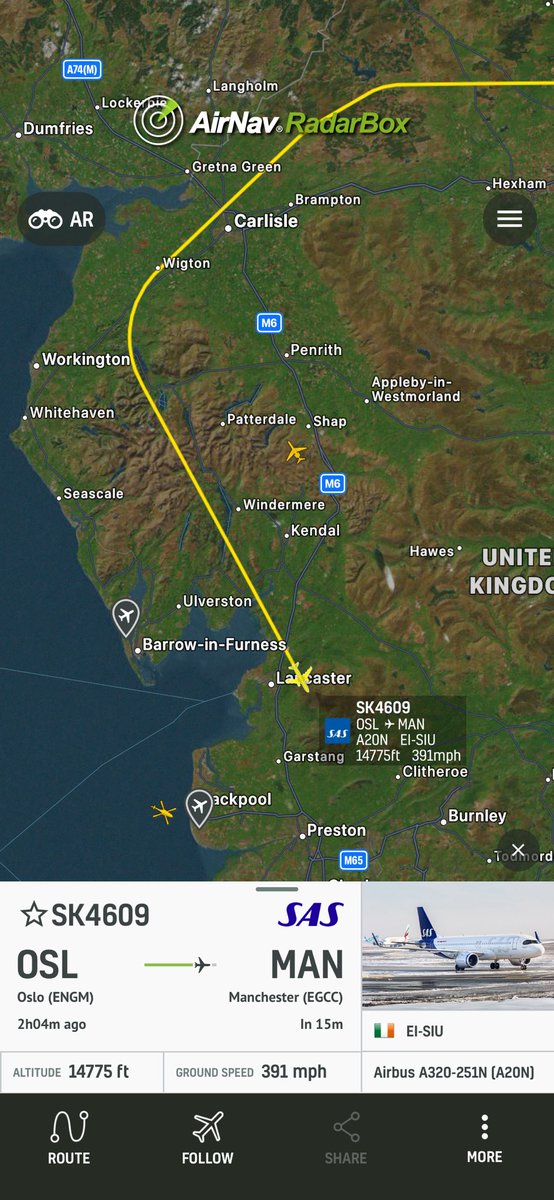 SAS flight SK4609 has apparently been intercepted by typhoons over the north east and now heading into Manchester ⁦@RadarBoxCom⁩ Follow flight SK4609 at RadarBox radarbox.com/flight/SK4609