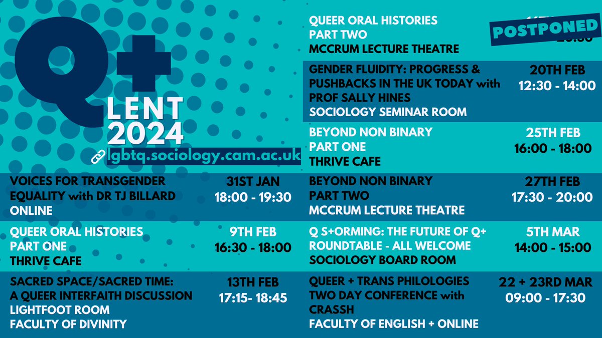 Would you like an updated termcard for 🏳️‍🌈history month🏳️‍⚧️? Of course you would! Booking info can be found on our website, & remember: join our pals @cambridgelgbt on the 29th for their history month panel discussion, featuring Q+ Director, Sarah Franklin! lgbtq.sociology.cam.ac.uk/events/calendar