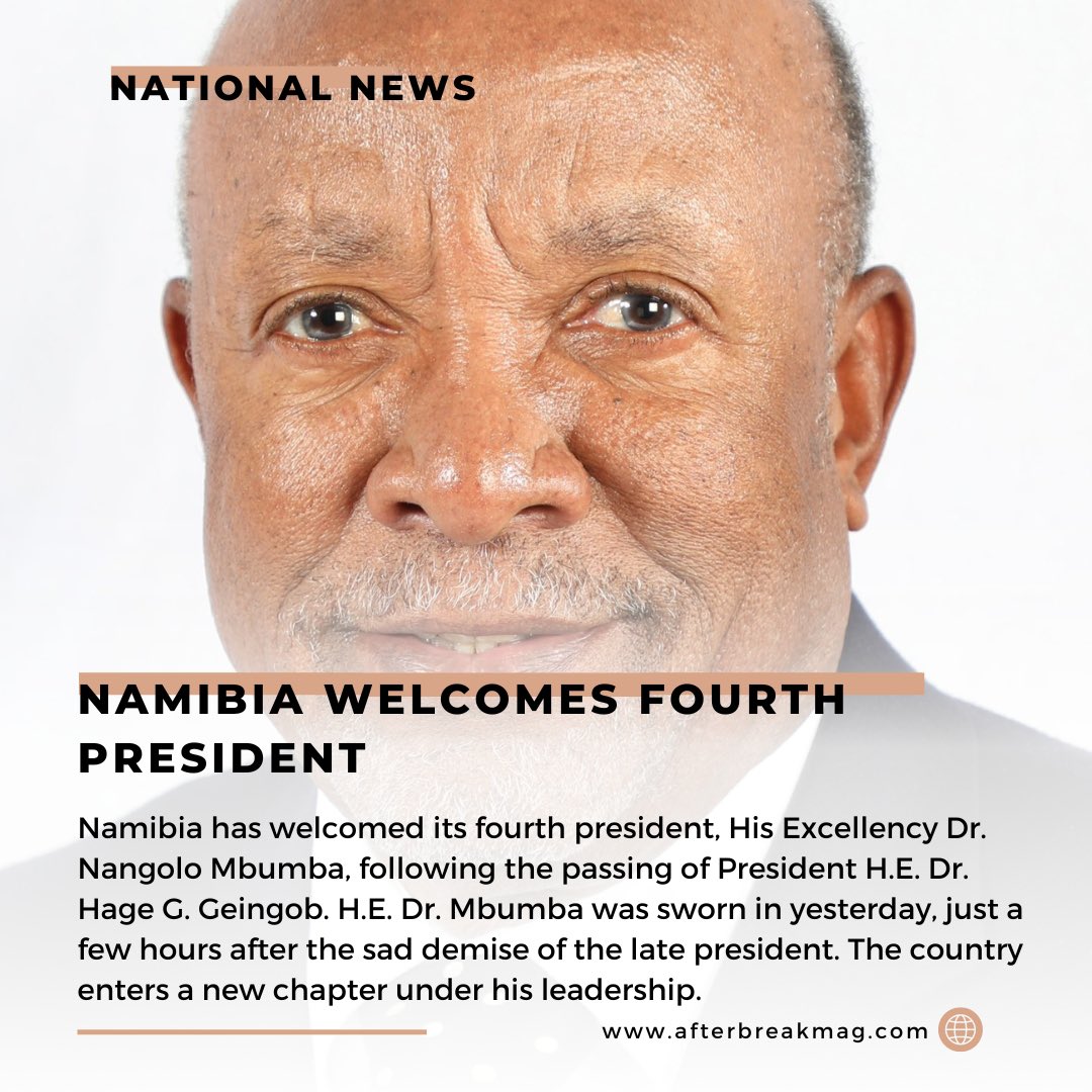 afterbreakmag's tweet photo. #ABMag โข Namibia achieves a historic milestone as Hon. Nandi-Ndaitwah is appointed the country's first female Vice President by the newly sworn in President, H.E. Dr. Nangolo Mbumba. https://t.co/rGhzu3Q1ol