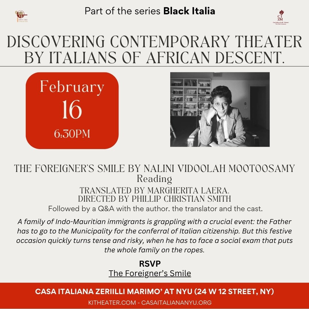 Looking forward to these amazing events at @CasaItalianaNYU can’t wait to be in NYC with Nalini Vidoolah Mootoosamy to talk about theatre by Italian artists of African descent. #blackitalia