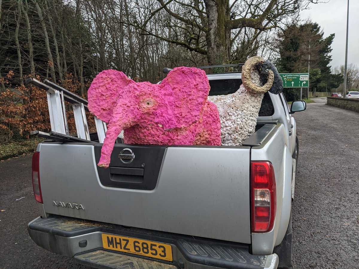 Just had a mis hap with a pink elephant and a sheep on top of the foyle bridge due to strong winds 
All secured again, 
Couldn't make it up if you tried.