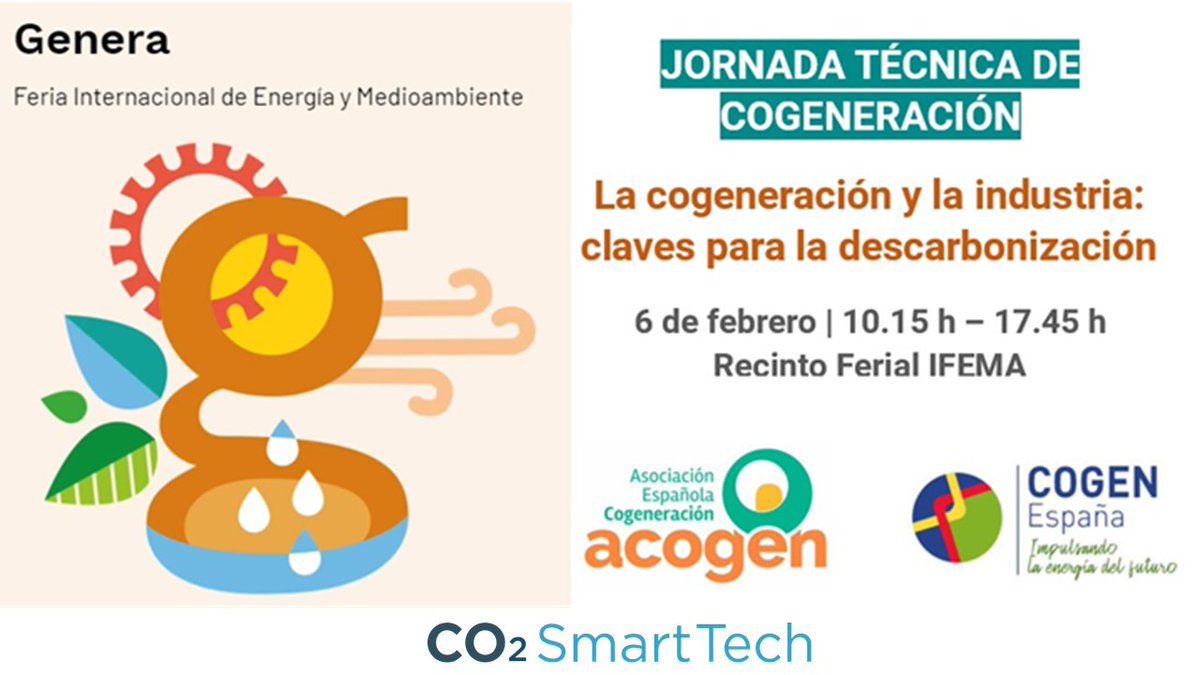 Mañana martes, con motivo de #GENERA2024 
participaremos en Jornada Técnica “La Cogeneración y la industria: claves para para la descarbonización”, organizada por <a href="/AcogenOficial/">ACOGEN</a>  y <a href="/cogenspain/">COGEN España</a>.
Desde <a href="/Co2Smart/">CO2 Smart Tech</a> queremos agradecer a la organización el habernos invitado a participar