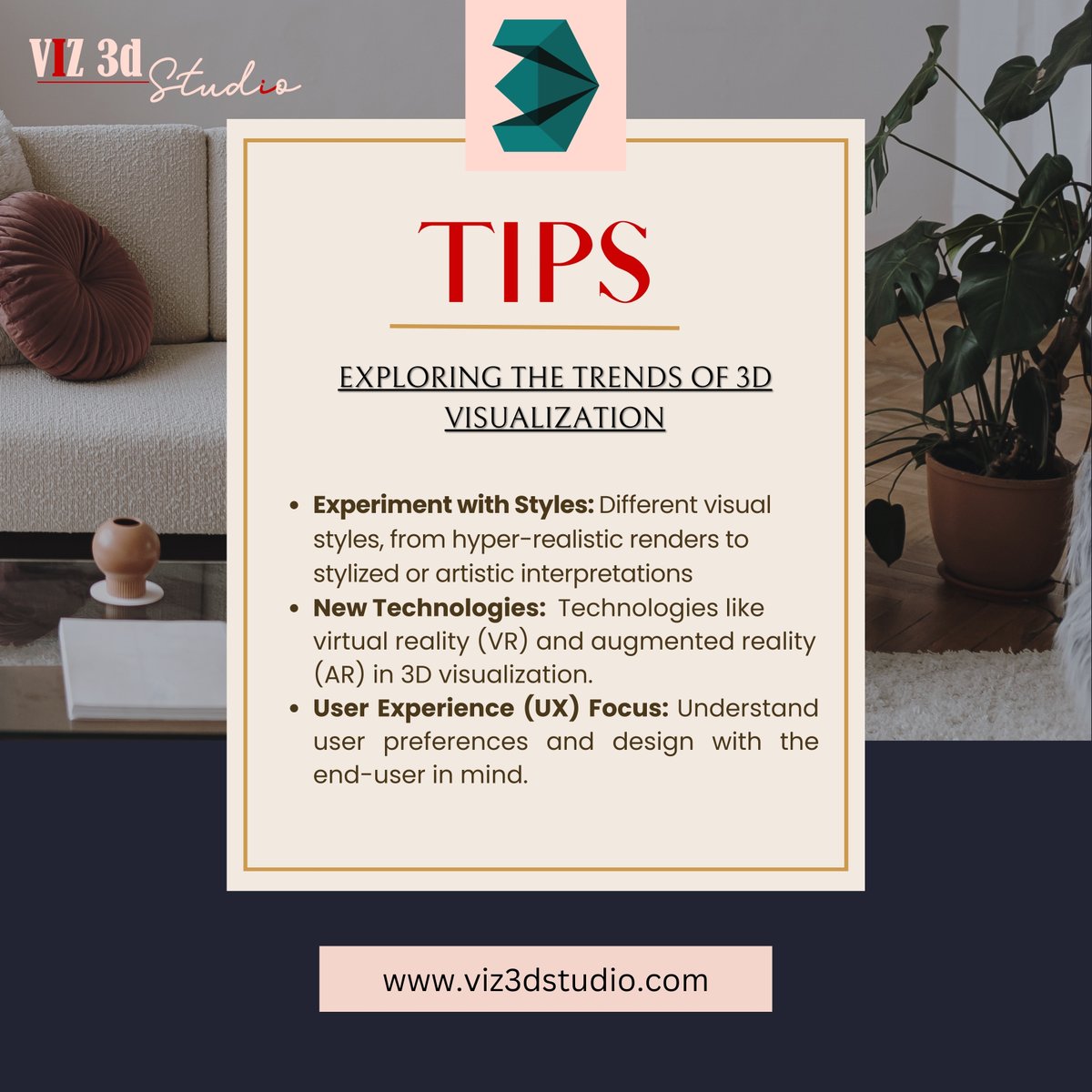 Viz3dStudio's tweet image. &quot;𝐃𝐞𝐬𝐢𝐠𝐧 𝐁𝐫𝐢𝐥𝐥𝐢𝐚𝐧𝐜𝐞 𝐔𝐧𝐯𝐞𝐢𝐥𝐞𝐝: Master 3D Visualization with These Expert Tips for Stunning Visual Impact!&quot;
.
.
#viz3dstudio
#visualizationtips
#tips
#3dtips
#trendyvisulasation
#3DVisualization
#DesignTips
#VisualImpact
#CreativeRendering
#ArchViz