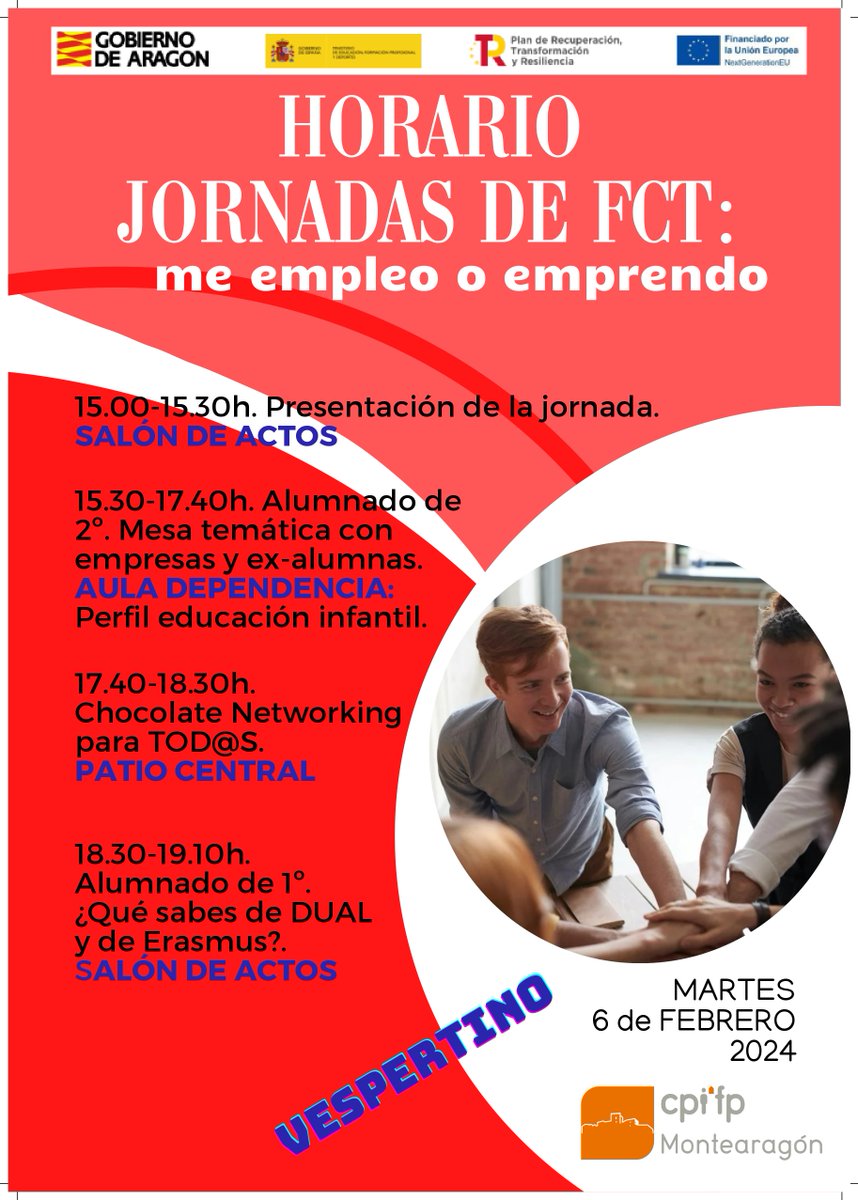 Mañana se celebran las Jornadas de FCT "Me empleo o emprendo" con la participación de empresas de nuestros sectores profesionales y de ex-alumnos y ex-alumnas. Se informará también sobre Dual y Erasmus #FCT <a href="/MasFPAragon/">+FPAragón</a>