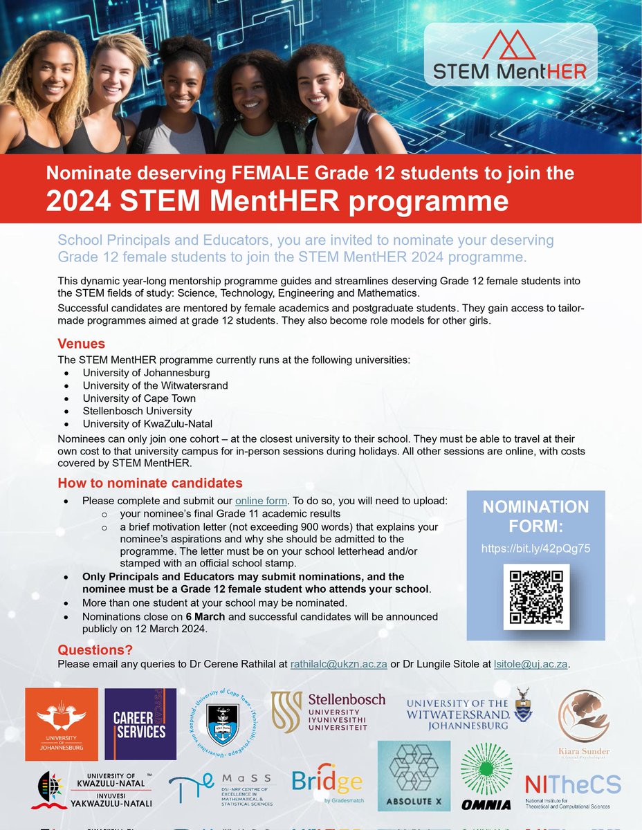 HumGen_UCT's tweet photo. Inviting all teachers and principals to nominate a deserving student to join the first cohort of STEM MentHER @UCTHealthSci. Successful candidates receive expert mentorship from academics in STEM and join our growing community.

Due: 6  March 2024.

https://t.co/WXZGLfAjLp https://t.co/WkYV8rRJoh