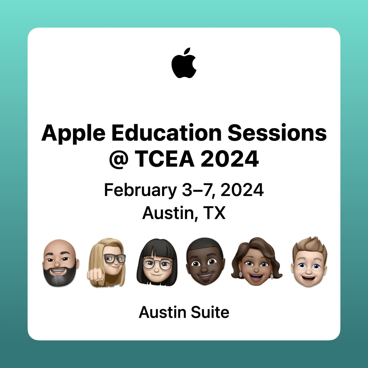 Excited to meet everyone at #TCEA24! Stop by the
#AppleEDU Austin Suite (Level 3) to snap a picture in
front of our photo wall. Share your favorites with your
network and tag #AppleAtTCEA24. apple.co/41O3GJH