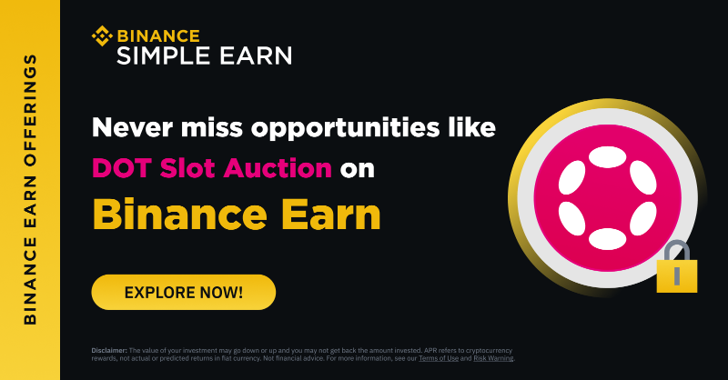 binance's tweet photo. Getting more from your crypto with #Binance Earn.

Our $DOT Slot Auction rewards have now all been distributed, with $106M USDT given out to DOT stakers since 2021, an average APR of 22.5%.

Discover more opportunities ⤵️