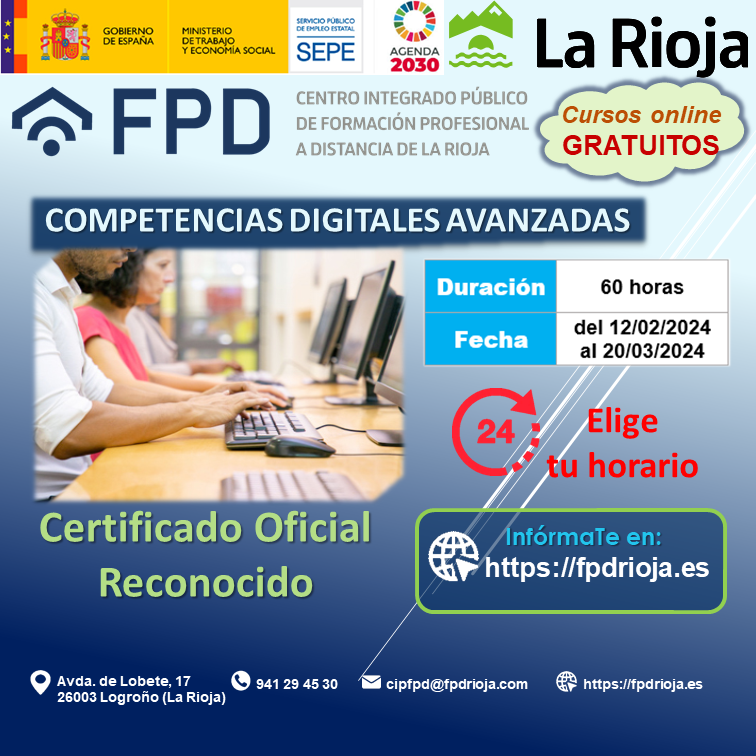 cipfpd_rioja's tweet photo. 💻 ¡¡Formación 100% a distancia gratuita!!
Una nueva oportunidad para formarte en "Competencias digitales avanzadas".
Inscripciones:
🌎 https://t.co/xMxxqAeh7j
#formación #fprioja #laboral #empleo #Rioja #fpempleo #sepe #trabajo #cursosempleo #cursos #competencia #digital https://t.co/hg55dfpTam