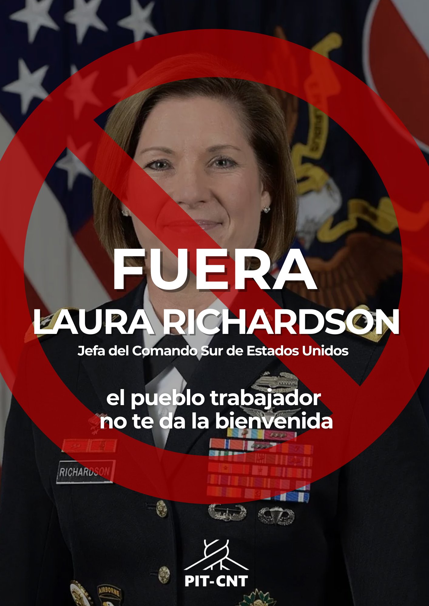 PIT CNT on X: "¡FUERA LAURA RICHARDSON! El pueblo trabajador no te da la bienvenida REPUDIAMOS la llegada a Uruguay de la Jefa del Comando Sur de Estados Unidos, Laura Richardson. https://t.co/lSDwo21zoU" /