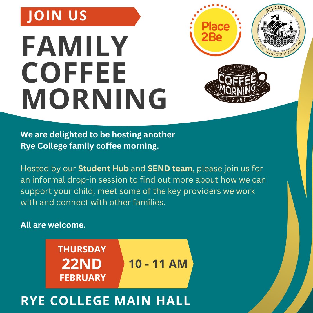 We're delighted to share details of our upcoming Family Coffee Morning taking place on Thursday 22nd February between 10 - 11am in the main hall. All are welcome to join our Student Hub, Send Team and external support providers for this informal session.