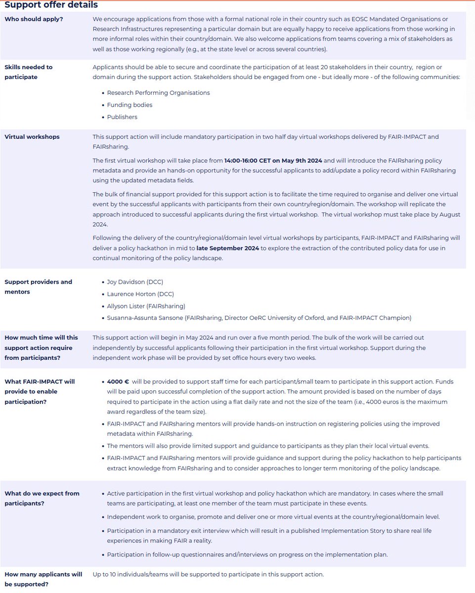 Want to help #DataPolicies within your infrastructure, country, region, and/or domain be more #FAIR and better enable FAIR? Apply by 31.3.24 to "Improving the availability and machine readability of data policies with <a href="/FAIRsharing_org/">@fairsharing.bsky.social</a>" by <a href="/fairimpact_eu/">FAIR-IMPACT</a> 
fair-impact.eu/support-offer-…