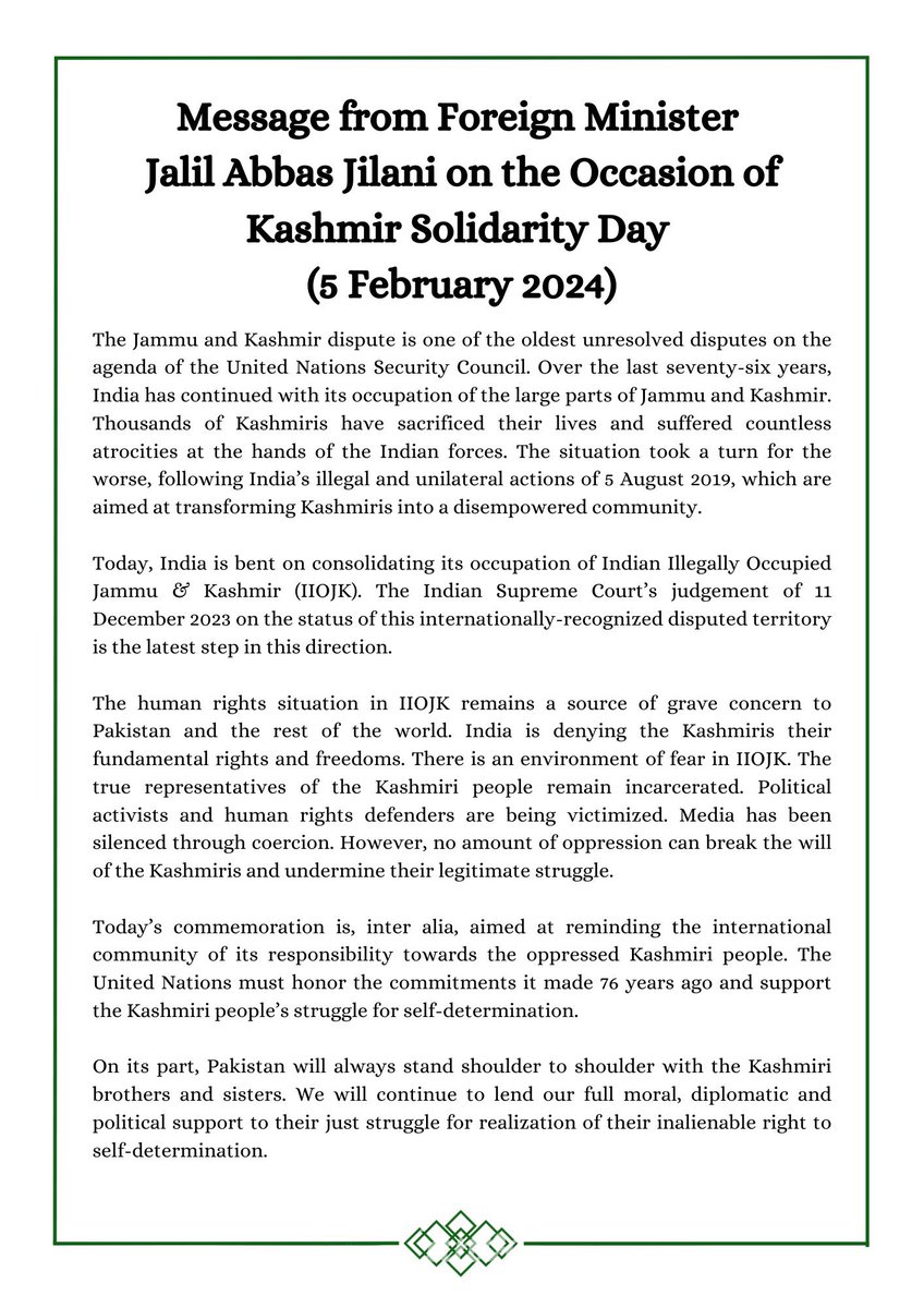 𝐌𝐞𝐬𝐬𝐚𝐠𝐞 𝐟𝐫𝐨𝐦 𝐅𝐨𝐫𝐞𝐢𝐠𝐧 𝐌𝐢𝐧𝐢𝐬𝐭𝐞𝐫 𝐉𝐚𝐥𝐢𝐥 𝐀𝐛𝐛𝐚𝐬 𝐉𝐢𝐥𝐚𝐧𝐢 @JalilJilani 𝐨𝐧 𝐭𝐡𝐞 𝐎𝐜𝐜𝐚𝐬𝐢𝐨𝐧 𝐨𝐟 𝐊𝐚𝐬𝐡𝐦𝐢𝐫 𝐒𝐨𝐥𝐢𝐝𝐚𝐫𝐢𝐭𝐲 𝐃𝐚𝐲 -𝟎𝟓 𝐅𝐞𝐛𝐫𝐮𝐚𝐫𝐲 𝟐𝟎𝟐𝟒 #KashmirSolidarityDay