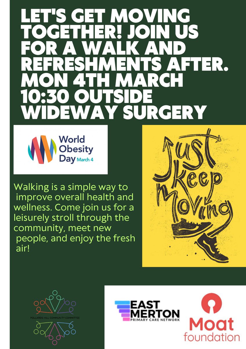 Raising awareness for World Obesity Day. Getting the Pollards Hill community moving and connected. I look forward to seeing you there. #WorldObesityDay #KeepitMoving #ConnectingCommunity @WeWalkandTalk @LovePollards #4thMarch2024