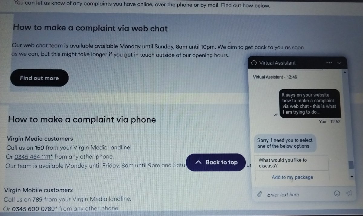 MarinaWay10's tweet photo. @virginmedia told by your representative Alex @virginmedia tier 2 retention you can contact customer complaints via web chat....no you can't! https://t.co/YIBrUlUj2o