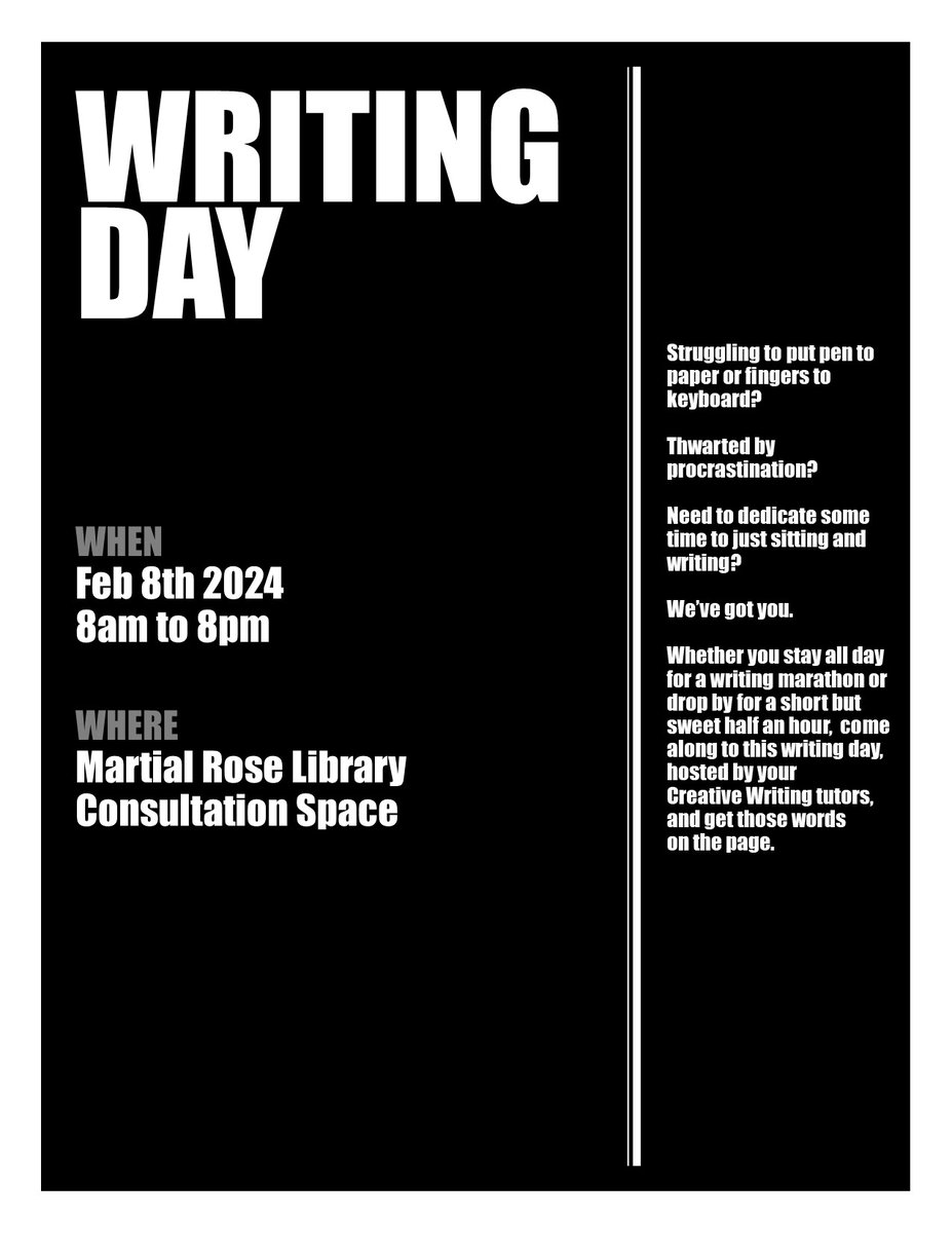 UniWinLibrary's tweet image. Friday 8th Feb @uowcw are hosting a #CreativeWriting Pop Up Retreat!

It will be hosted by your Creative Writing tutors. If you&apos;re looking for space and time to write then pop into the Martial Rose Library Consultation Space on the top floor! ✨✍️

#amwriting #WritingCommmunity