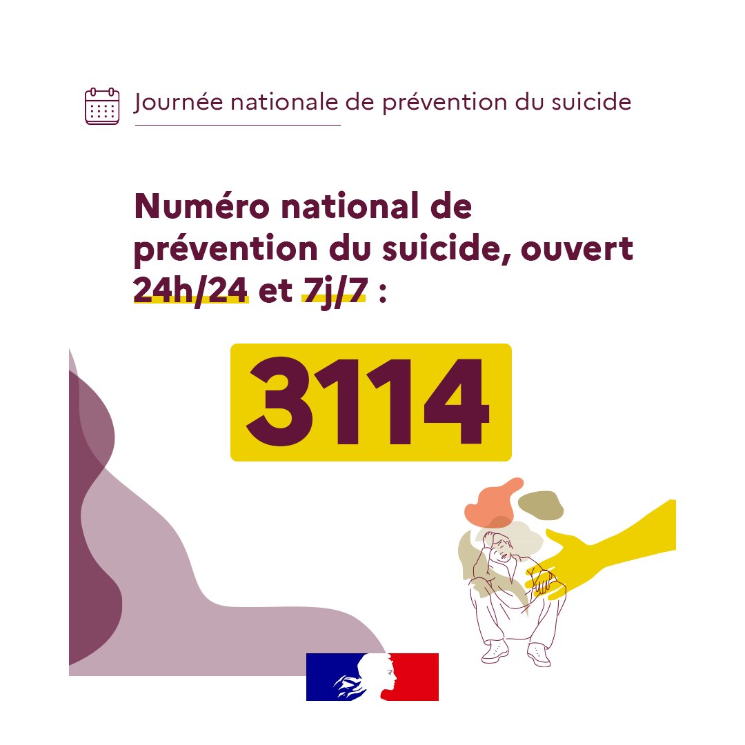 Sante_Gouv's tweet photo. 🗓Aujourd’hui, c'est la journée nationale de prévention du #suicide.

Si vous ou un proche est en souffrance, n'hésitez pas à demander de l’aide en composant le 3114. Il est :
👉gratuit
👉confidentiel
👉accessible 7j/7 et 24h/24, partout en France

📲 : https://t.co/tZWLlLMIfj https://t.co/C8NoLUkcQn