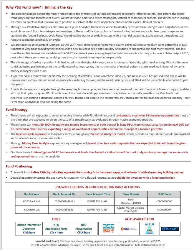 sabarisec's tweet photo. PSU Investment - For those who still want to make an entry into PSU investment and feel that you have missed the recent rally, don't worry. Here is the launch of 
QUANT PSU FUND - NFO is out and ending on FEB 15.✅ the initial NAV price is 10 /-

GO GRAB IT!!! NEVER MISS THIS LONG-TERM OPPORTUNITY. ✌️

For those who are already holding PSU stocks at cheaper rate, don't get trapped by huge selling shake-out since institutions are findings ways to make an entry. Have patience and enjoy the compounding gains in the long run. 👍

#quantpsufund #sabarisecurities