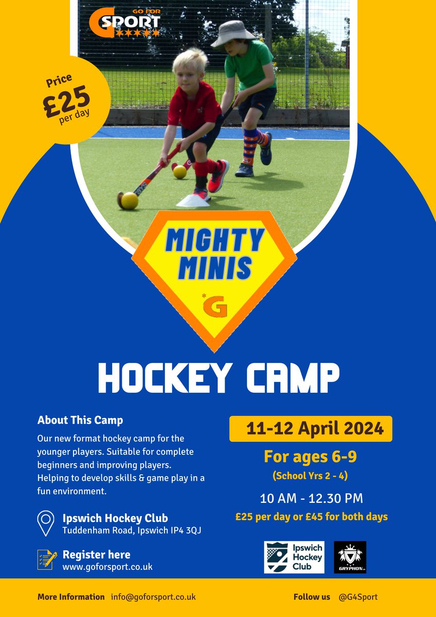 New for 2024 our youngest age group camp...MIGHTY MINIS!

School years 2-4 (Ages 6-9)

Book now goforsport.co.uk
<a href="/IpswichHC/">Ipswich Hockey Club (Sponsored by SEVEN)</a> <a href="/gryphonhockeyEU/">Gryphon Hockey EU</a>
