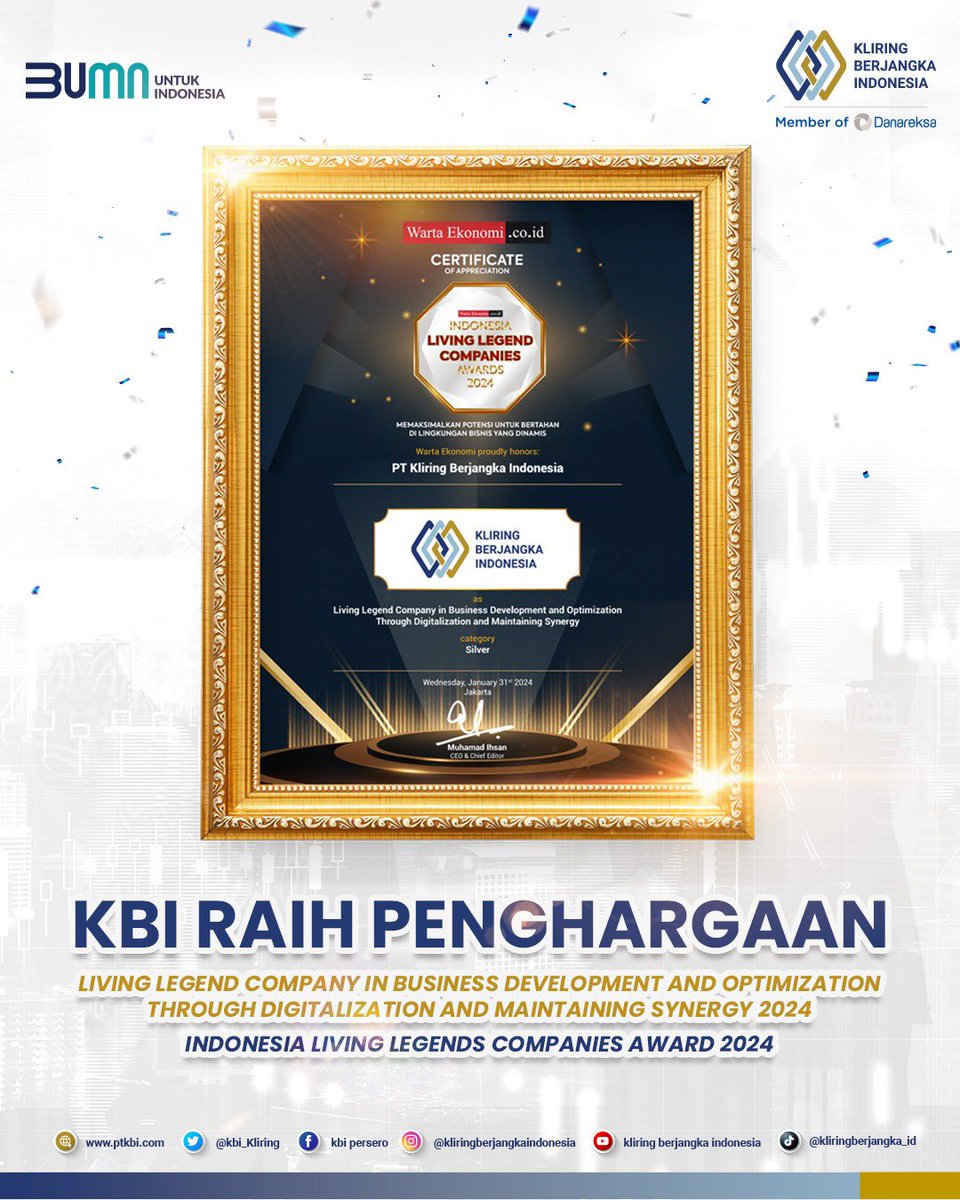 kbi_kliring's tweet photo. PT KBI berhasil mendapatkan apresiasi sebagai perusahaan dengan kinerja apik, inovatif, dan juga berdampak positif bagi perjalanan perekonomian Indonesia tahun 2023 pada ajang Indonesia Living Legend  Companies Award 2024 yang diselenggarakan oleh Warta Ekonomi. https://t.co/kWrwHcklvL