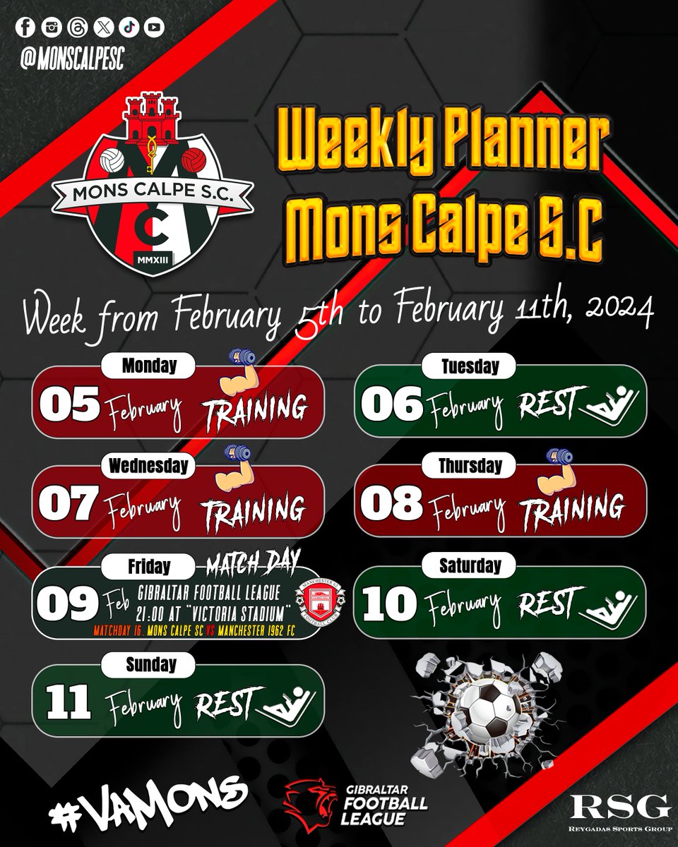 Mons Calpe S.C. Gibraltar (@monscalpesc) on Twitter photo ๐ฌ๐งโฝ Kickstarting a new week filled with excitement for our Mons Calpe Gibraltar team! Check out the weekly planner for the activities from February 5th to February 11th, 2024. Let's conquer the challenges ahead and aim for victory together! ๐๐ฅ #MonsCalpe #WeeklyPlan ๐ฌ๐งโฝ Kickstarting a new week filled with excitement for our Mons Calpe Gibraltar team! Check out the weekly planner for the activities from February 5th to February 11th, 2024. Let's conquer the challenges ahead and aim for victory together! ๐๐ฅ #MonsCalpe #WeeklyPlan