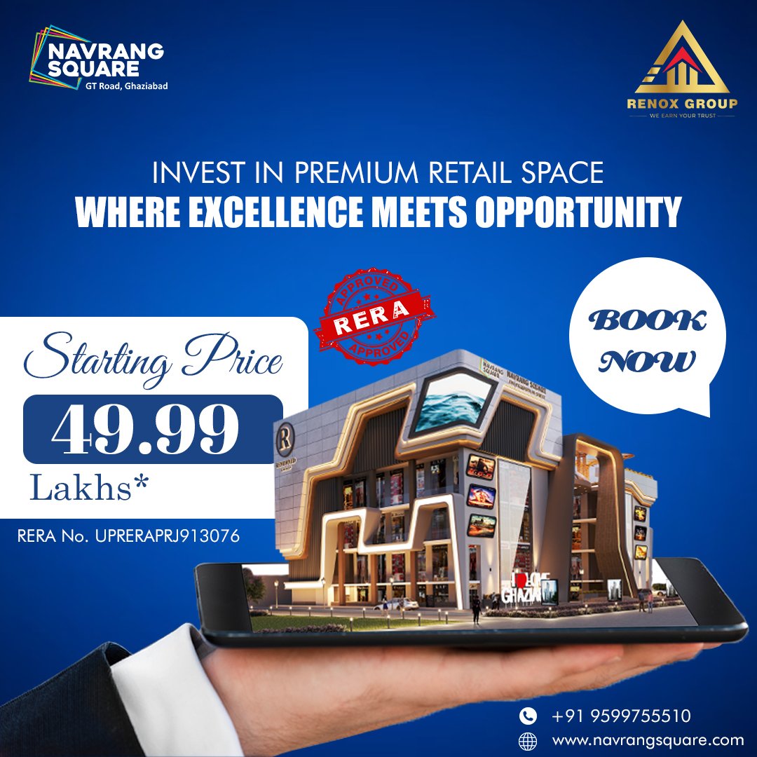 Navrang Square: the intersection of opportunity and excellence. Unlock the potential of prime real estate with a trusted partner committed to your success and prosperity.
#navrangsquaremall #HeartOfGhaziabad #ConvenientLocation #renoxgroup #RetailRevolution