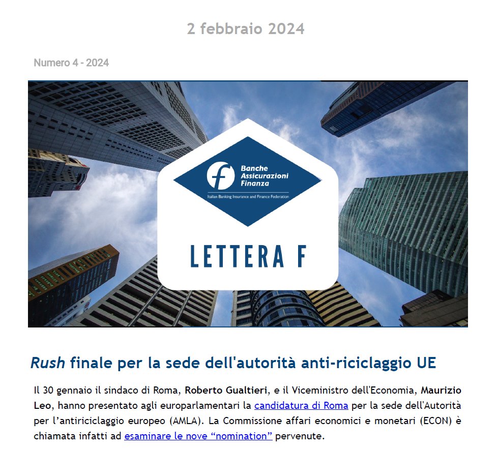 Lettera f 4/2024
Rush finale per la sede AMLA
Private capital: cresce l’interesse per l’Italia 
Piano Mattei: partnership Italia-Africa
Lo sport aiuta a crescere
StD: 'The Belgian Presidency of the UE: Priorities&amp;Expected Results', 14 February h11:30
📄febaf.it/wp-content/upl…